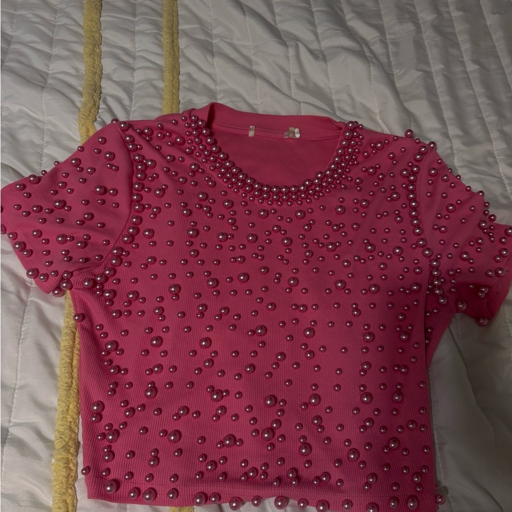 Pink Pearl-Embellished Ribbed Crop Top